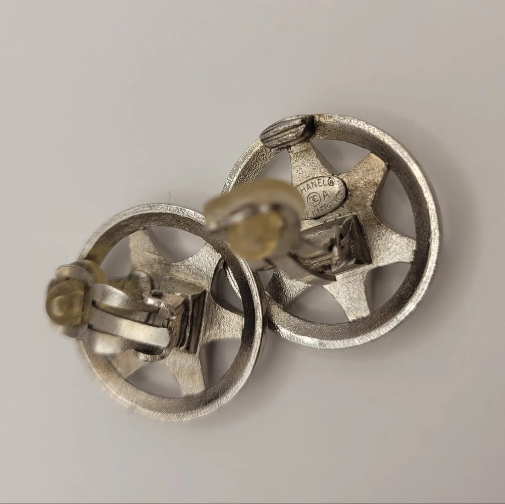 Rare Chanel Silver Star Badge Clip On Earrings